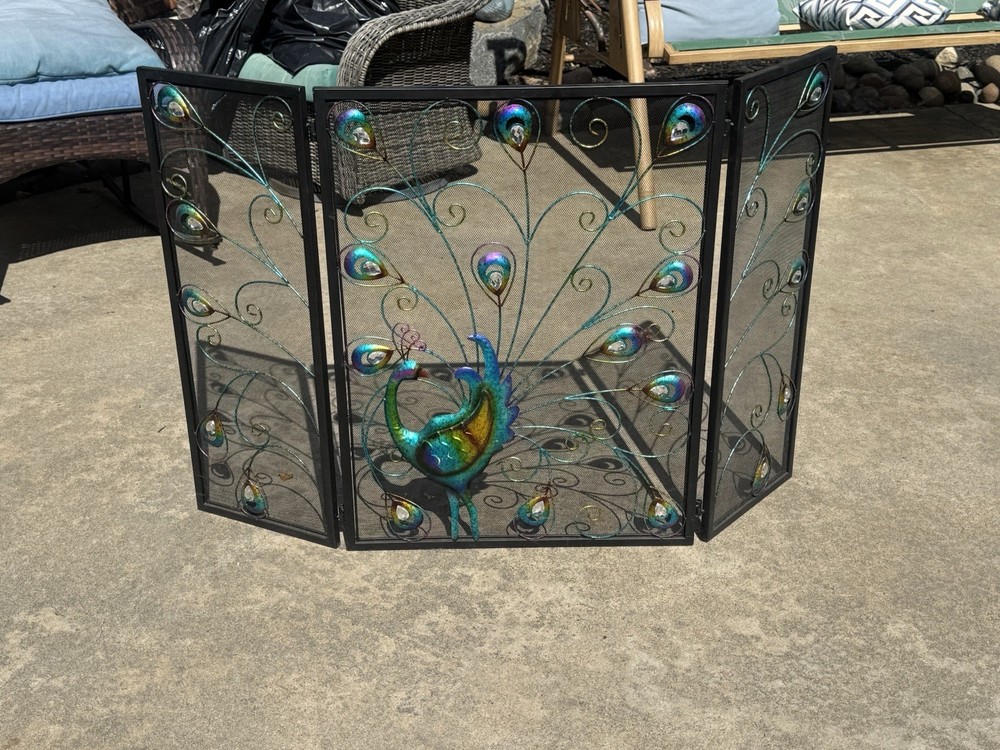Folding Peacock Fireplace Screen Vintage Decorative Element