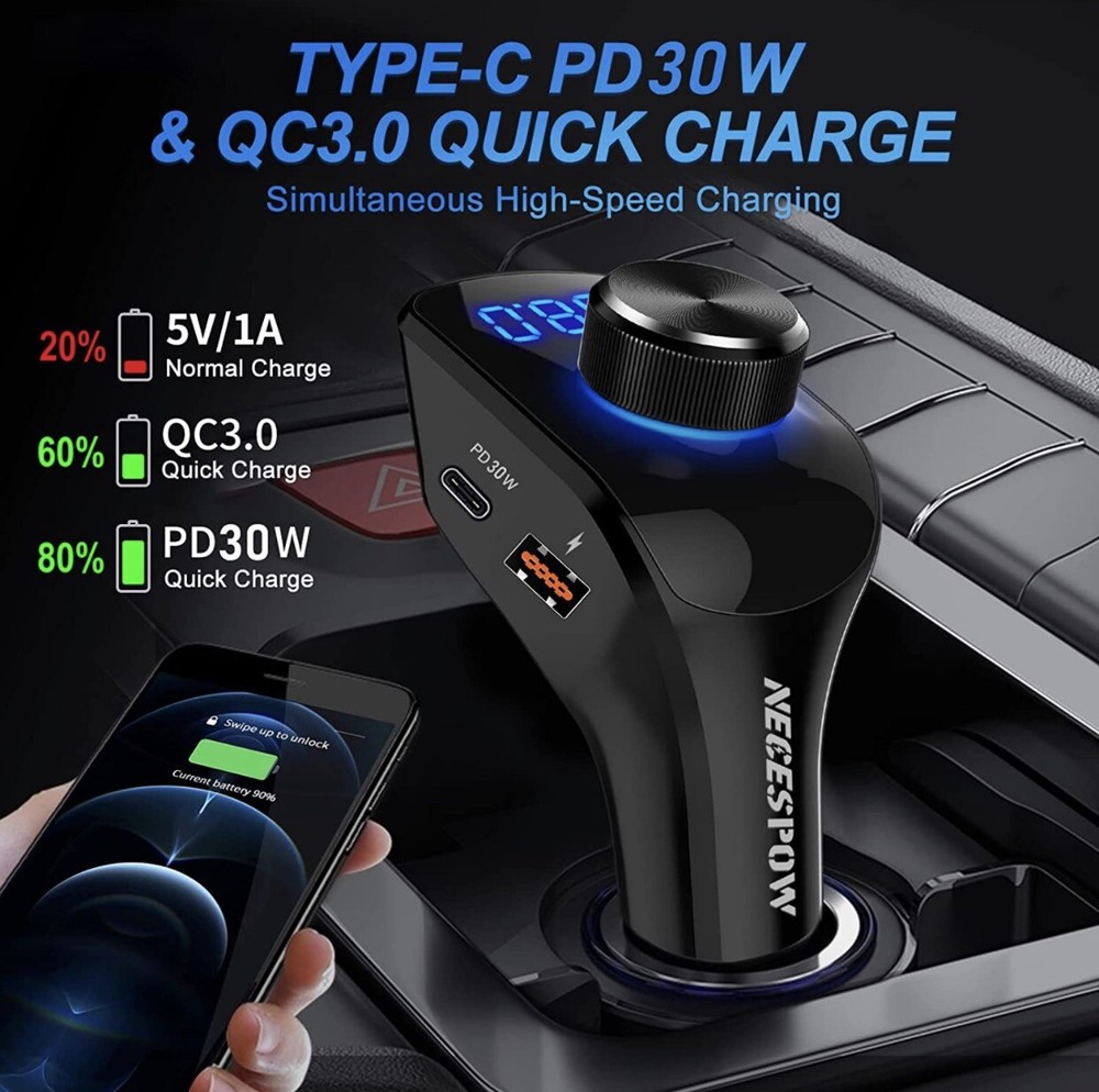 Bluetooth 5.0 Car Wireless FM Transmitter Adapter 2 USB PD Charger AUX