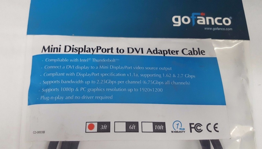 Gofanco GF-mDPDVI3F2616 Mini DisplayPort to DVI Adapter Cable 3ft