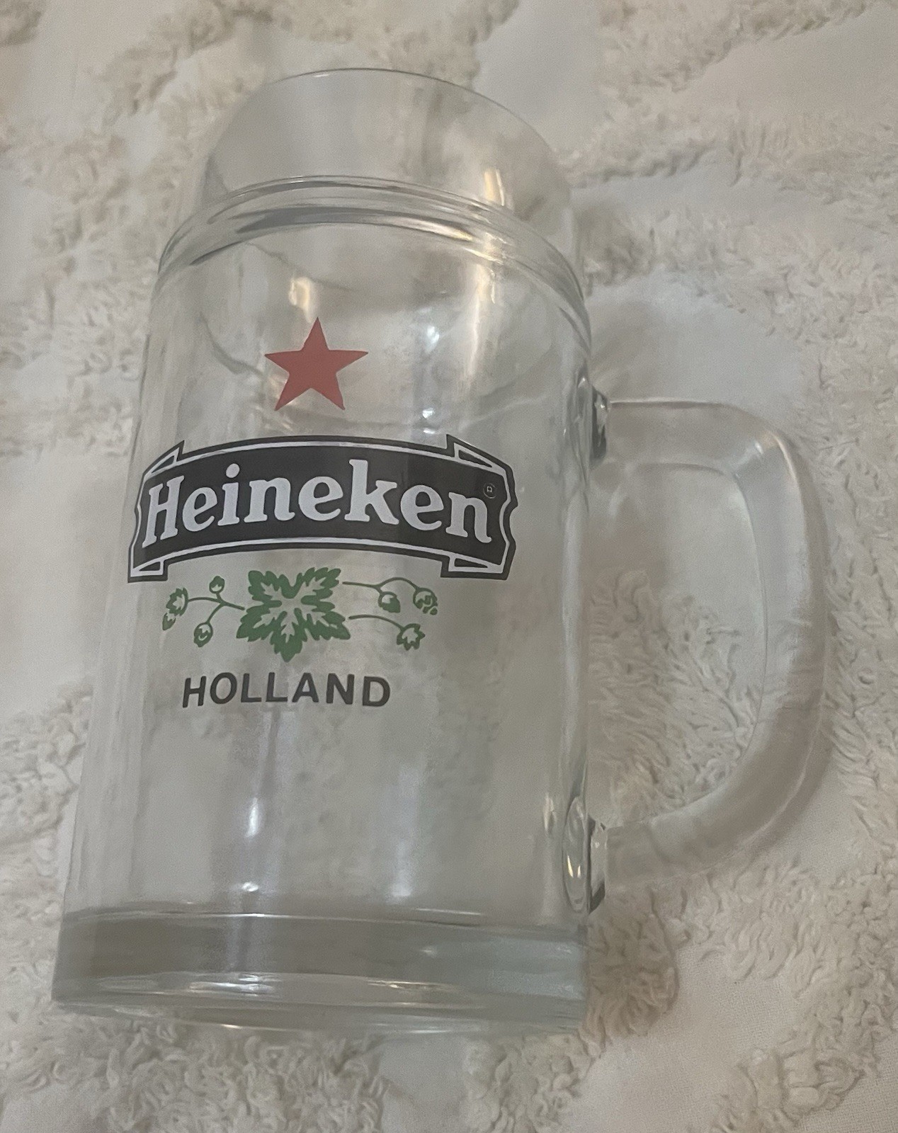 Vintage Heineken Holland Heavy Duty Glass Beer Stein Mug 8”Tall 1-Liter
