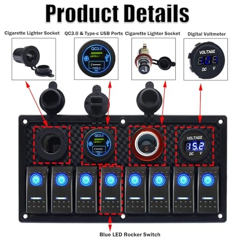 8 Gang Rocker Switch Panel with PD Type-C & USB Charger, Voltmeter, SPST