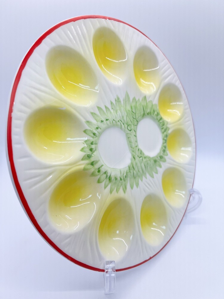 Vintage Ceramic ?Enesco Easter deviled eggs platter round, green/yellow/red 9”