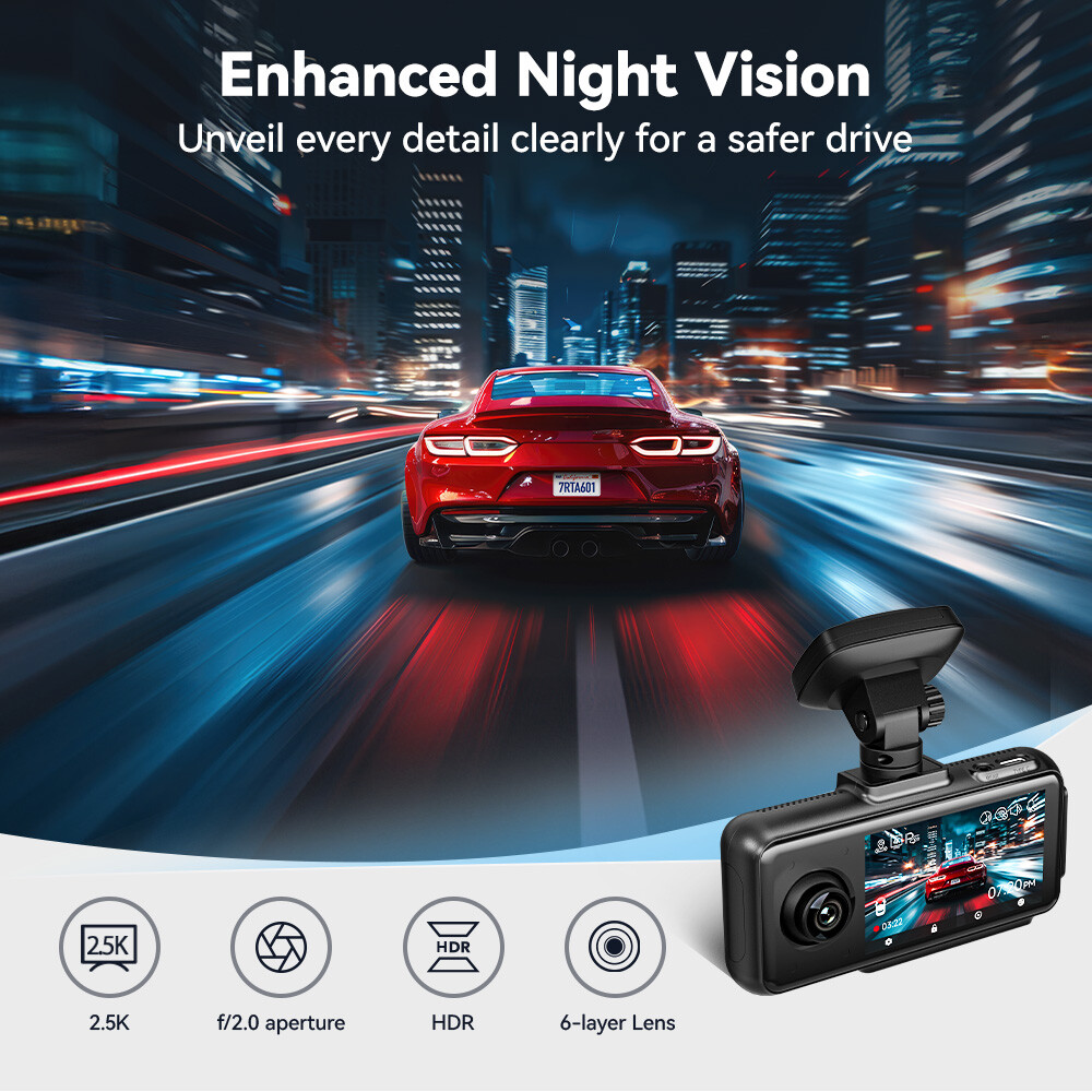 REDTIGER A6 Dash Cam 2.5K 3 Channel Dash Camera, 5.8GHz WiFi,3" Touch Screen