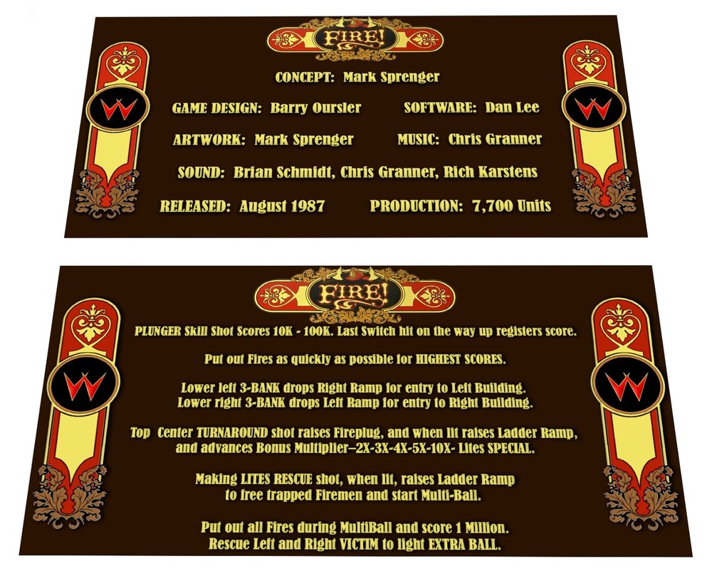 Williams Fire! Pinball Custom Apron Instruction Cards