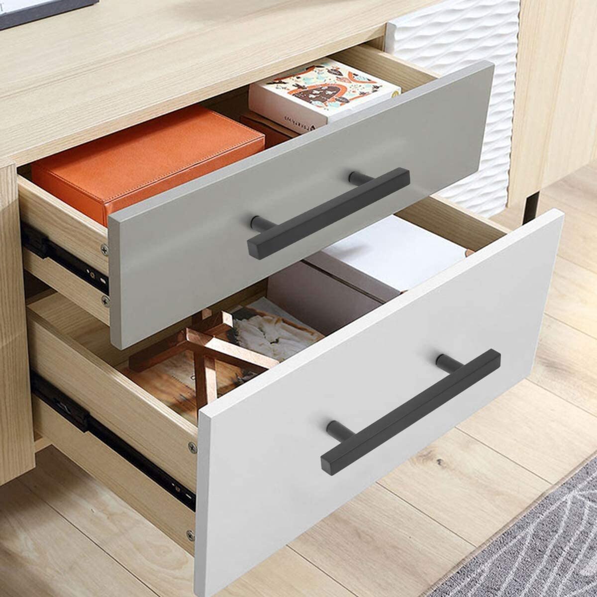 Matte Black Square Modern Cabinet Handles Pulls Kitchen Drawer Stainless Steel