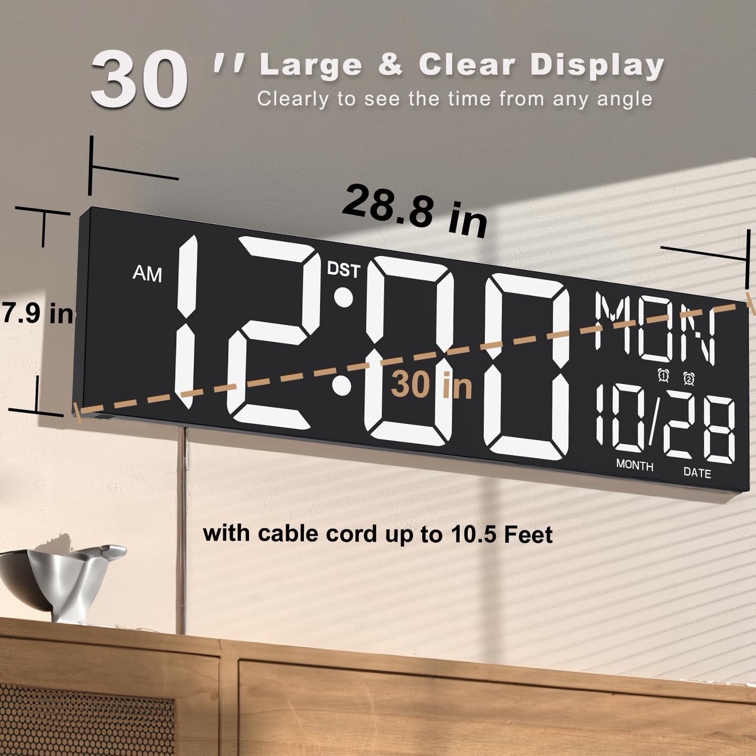 JALL 30" Large Digital Wall Mount Clock with Remote Control, White