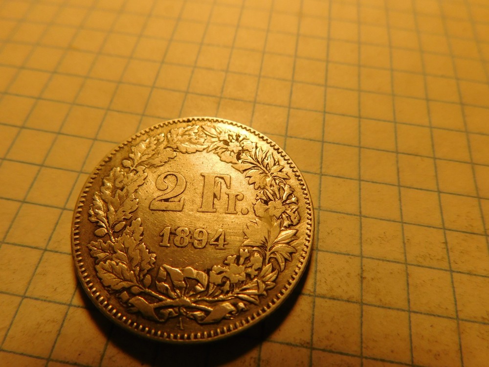 SWITZERLAND 2 FRANCS 1894 A SILVER # 1101