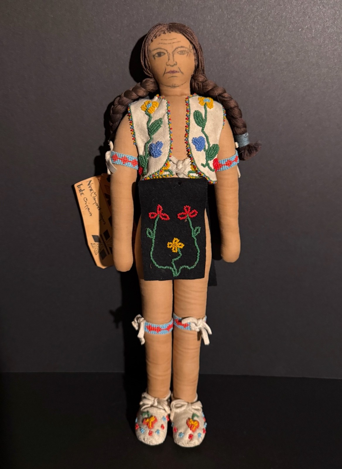 EXCEPTIONAL CHIPPEWA BEADED DOLL, “HASKELL INSTITUTE” TAG, DRAWN FACE, EXCELLENT