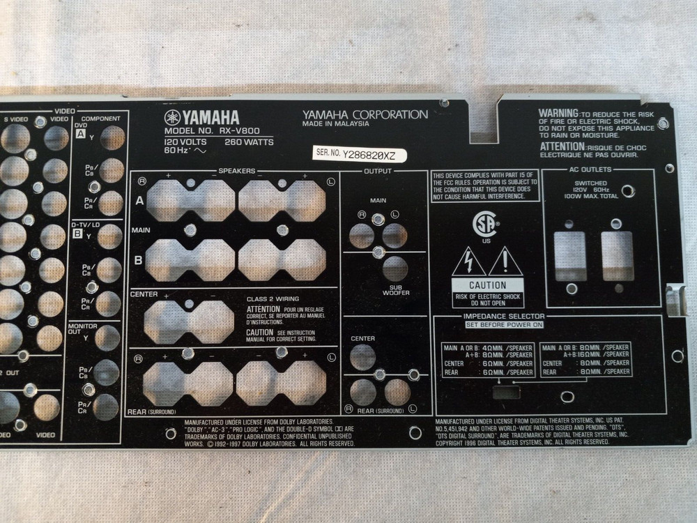 YAMAHA RX-V800 AV Receiver BACK METAL PANEL