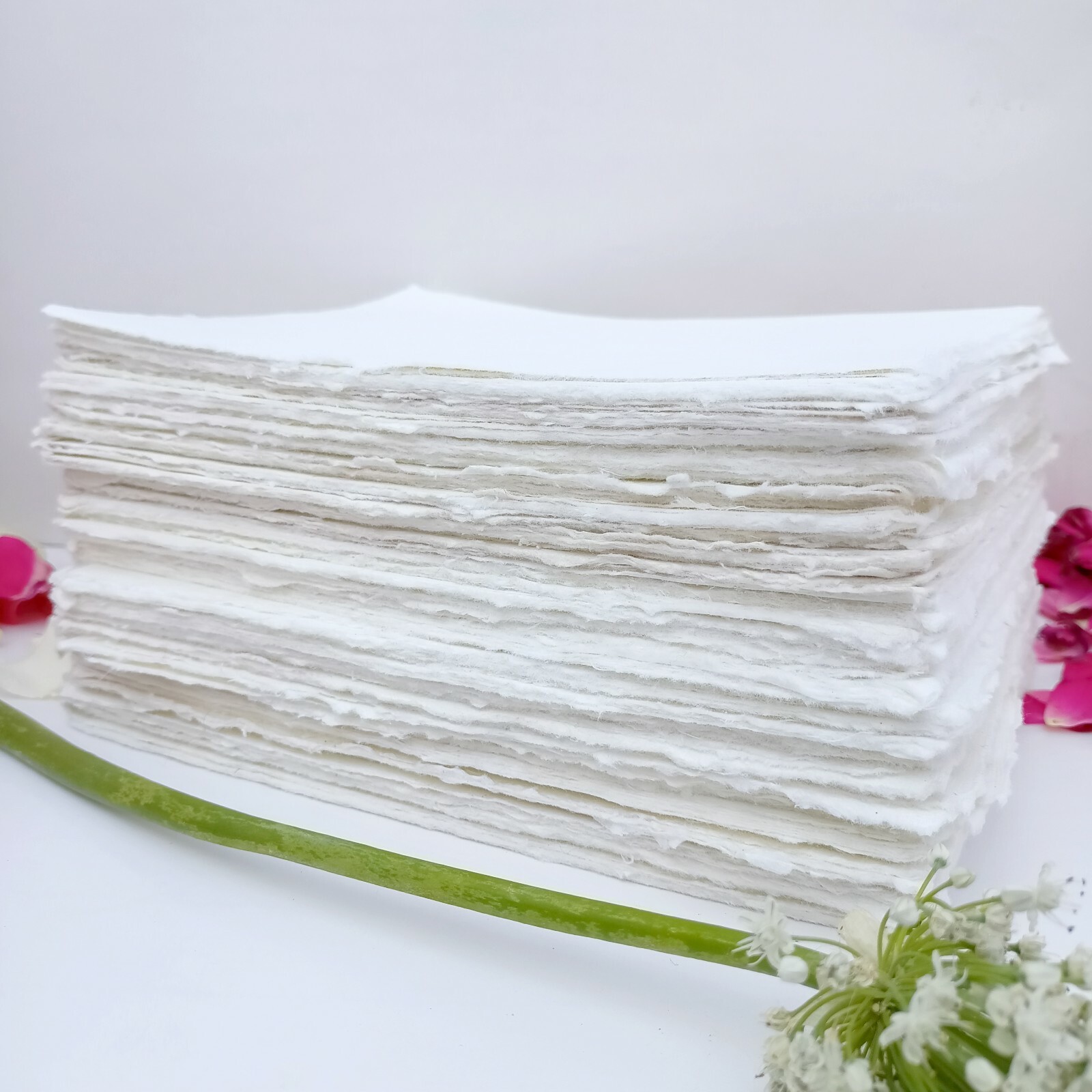 Handmade Paper -100 sheets - All Sizes - WHITE - Deckle Edge - Acid Free Natural