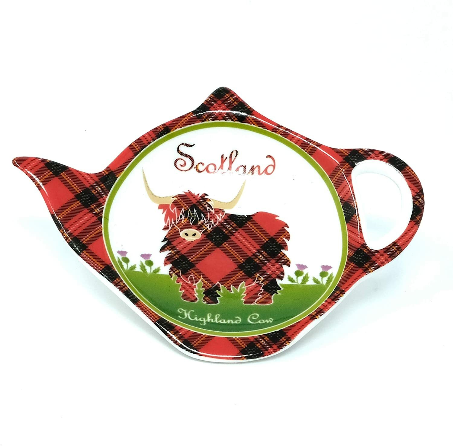 Scotland Highland Cow Teabag Holder Bone China Collectible Tartan Pattern 4in