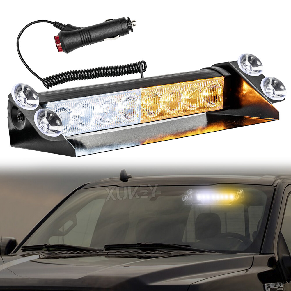 White Amber 8LED  Windshield Strobe Light Bar Interior Flash Emergency Warning