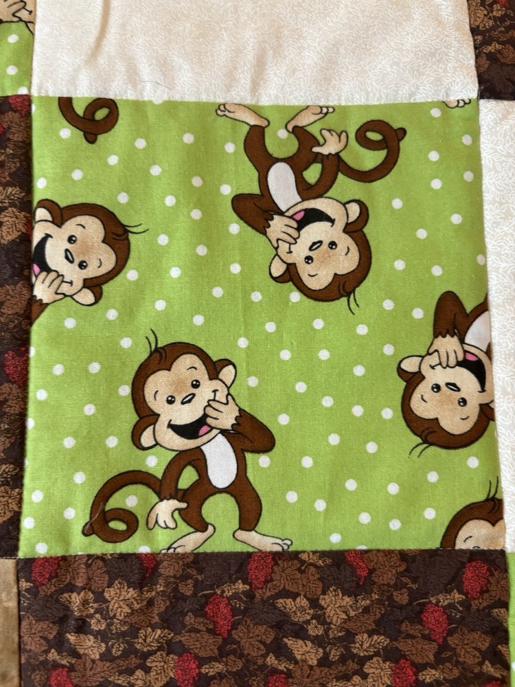 Handmade Quilt Monkey Themed 48”x47” Reversible Green Brown Cream Patchwork