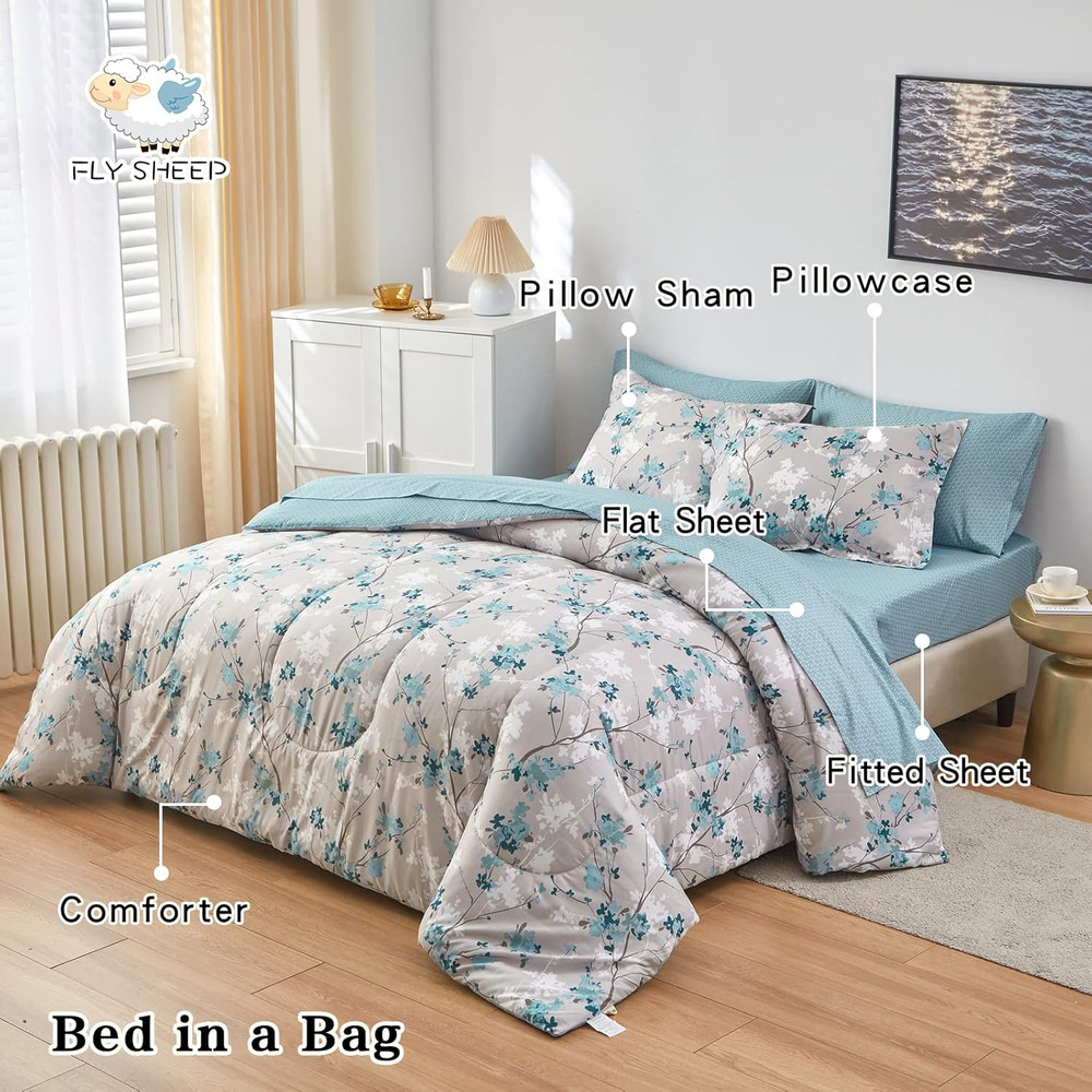 King Size 7-Piece Aqua Grey Botanical Comforter Bedding Set