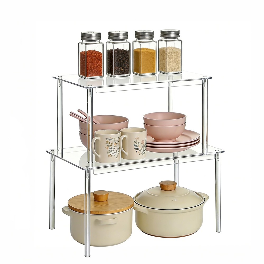 Clear Acrylic Cabinet Organizer, 2-Pack Stackable Shelf Riser for Kitchen Pan...