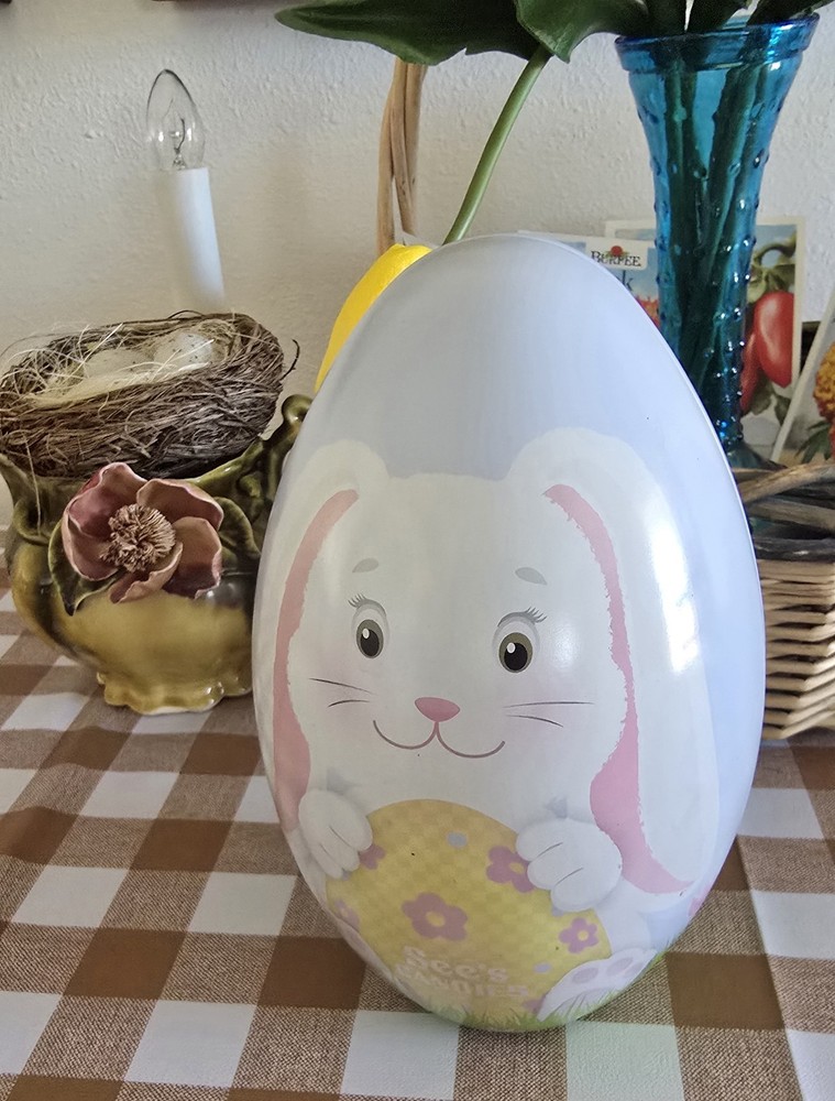 See's Candies Easter Egg Shaped Bunny  Collectors Candy Tin