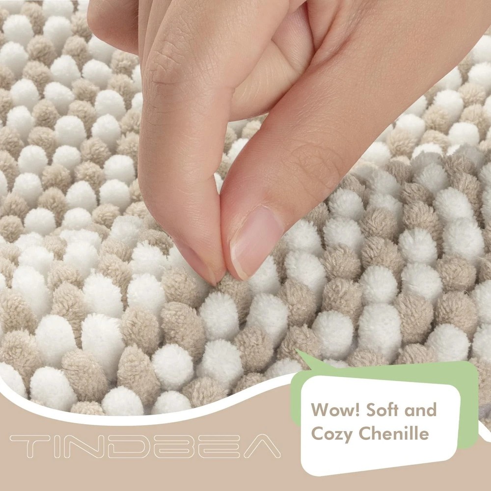 Soft Absorbent Chenille Bath Mat Set, Non-Slip, Machine Washable, Khaki