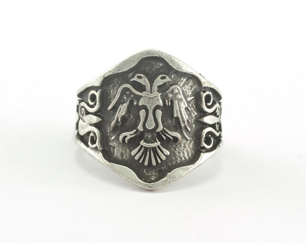 Double Head Eagle Logo Ring Adjustable Antique Silver Plated brass 10US size 721
