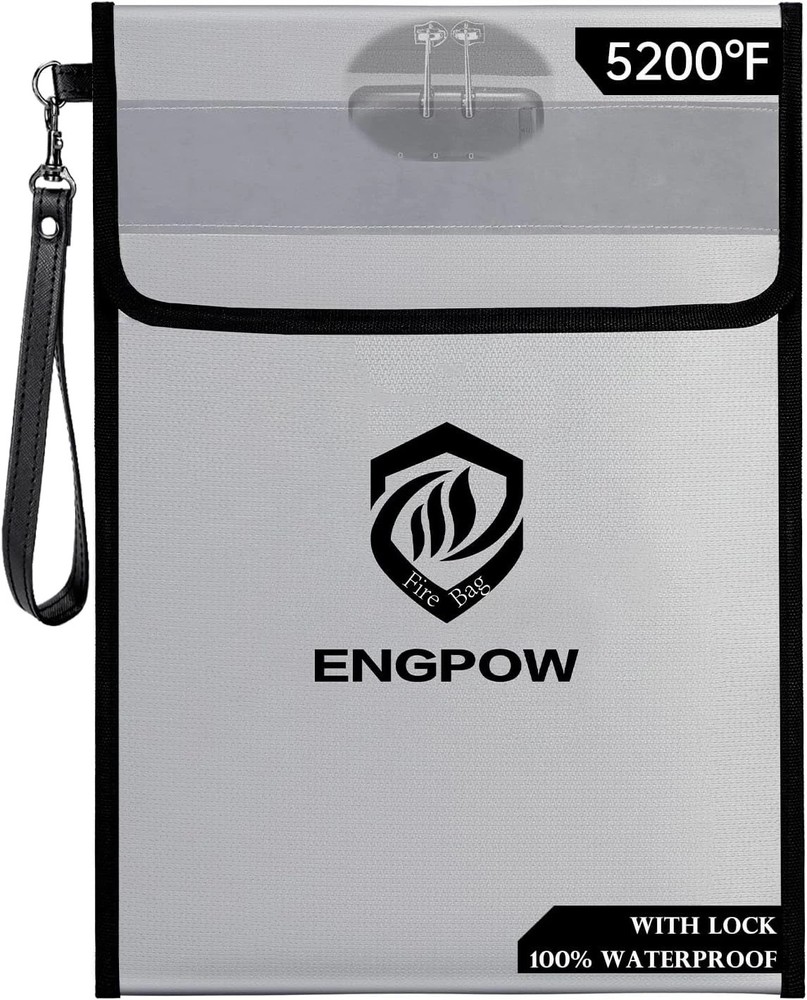 ENGPOW Fireproof Document Bag with Lock (5200℉),15”x 11” With Lock, Silver