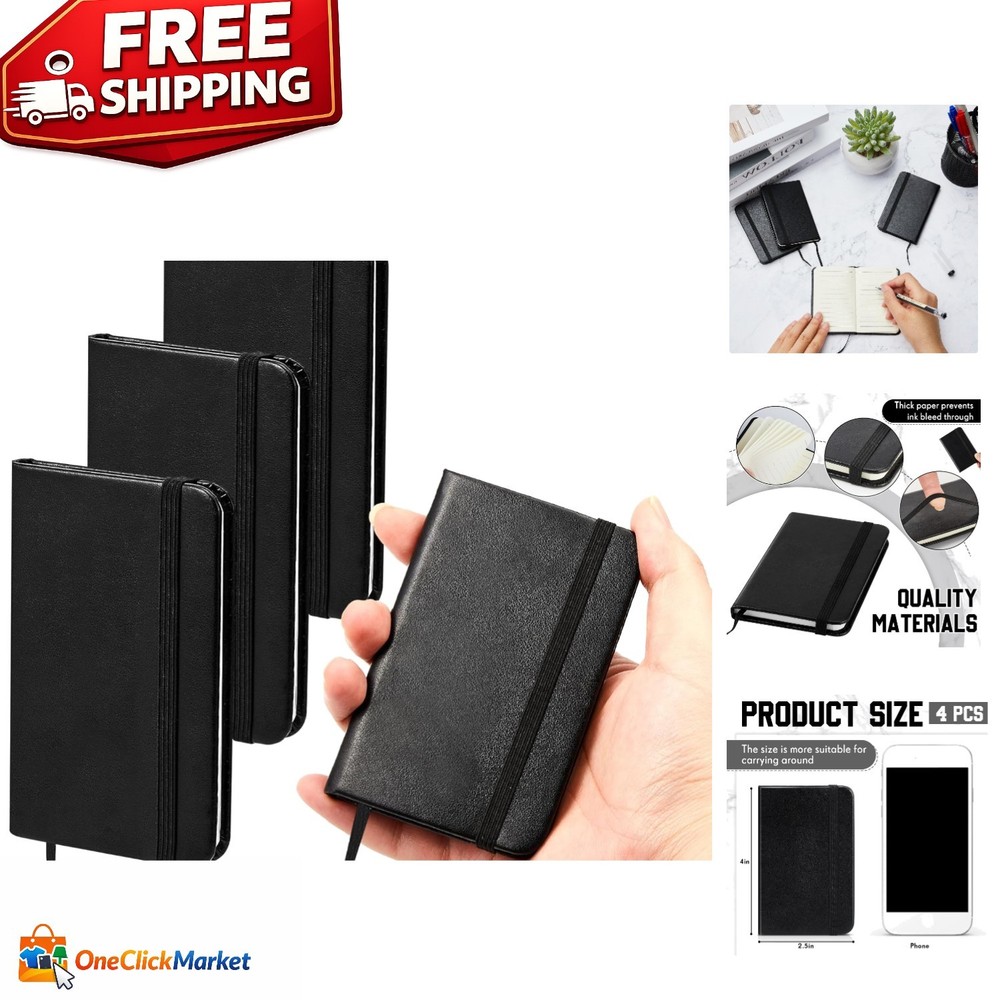 Compact 4-Pc Black Leather Notepad Set - 50 Pages Each for On-the-Go Notes