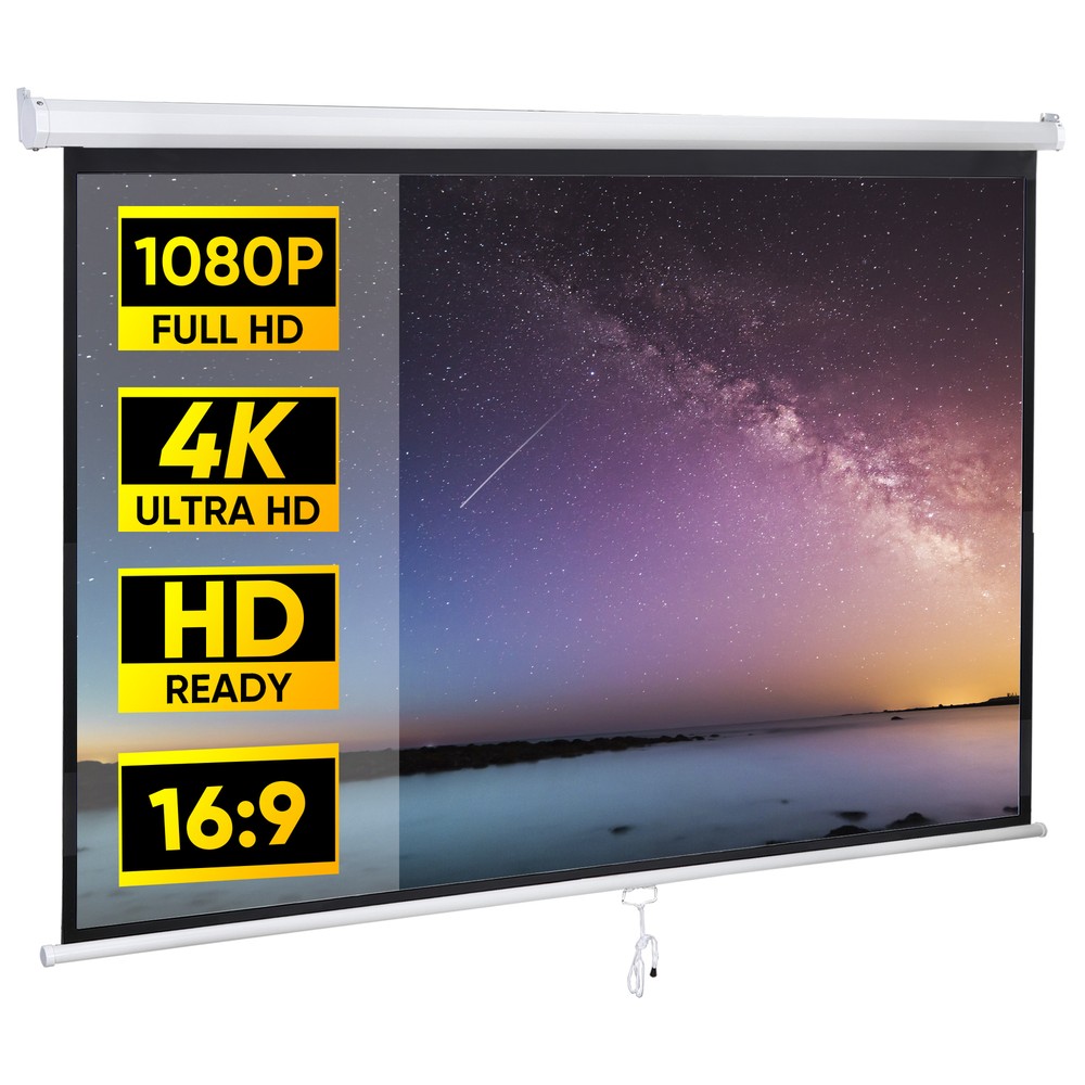 80"Diagonal Projection Projector Screen Manual Pull Down 16:9 HD 4K Movie Theate