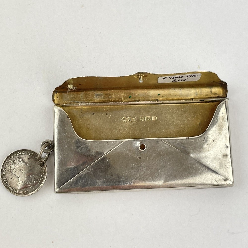 Antique Solid Silver Envelope Stamp Case / Holder 1914 63mm X 32mm