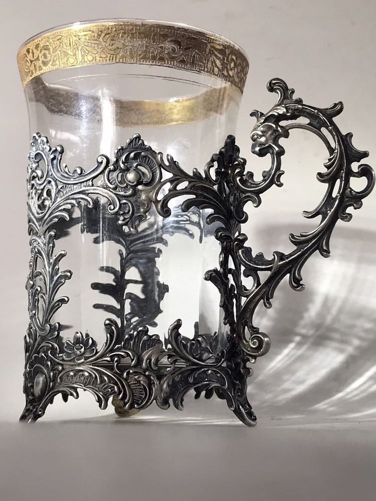 Antique Solid Silver 800 Tea Glass Holder With Glass