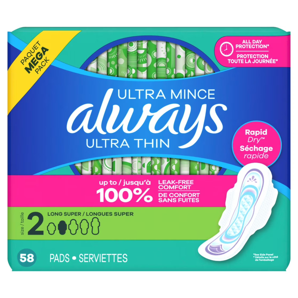 (3 Pack) Always Pads, Ultra Thin with Wings, Size 2, Long Super Absorbency, 58Ct