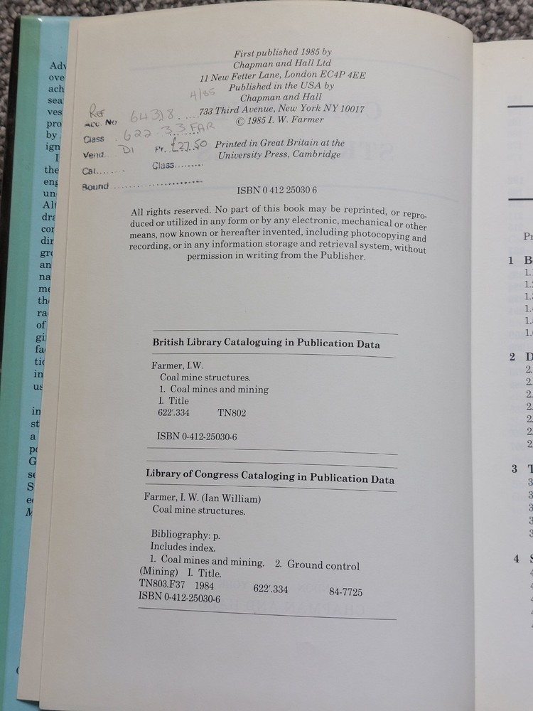 COAL MINE STRUCTURES HARDBACK BOOK..By IAN FARMER 1985