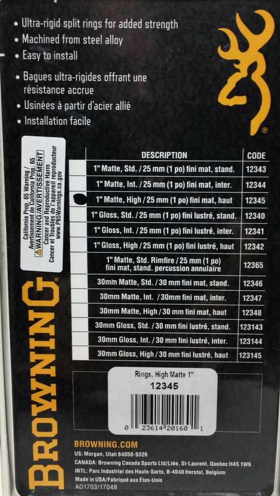 Browning® Vertical Split 1" HIGH Scope Rings for A-Bolt, BAR, BLR, X-Lock 12345