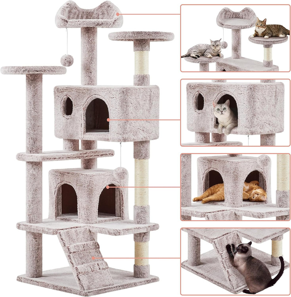 Deluxe 54" Cat Tree with Double Condo, Scratching Posts & Play Balls