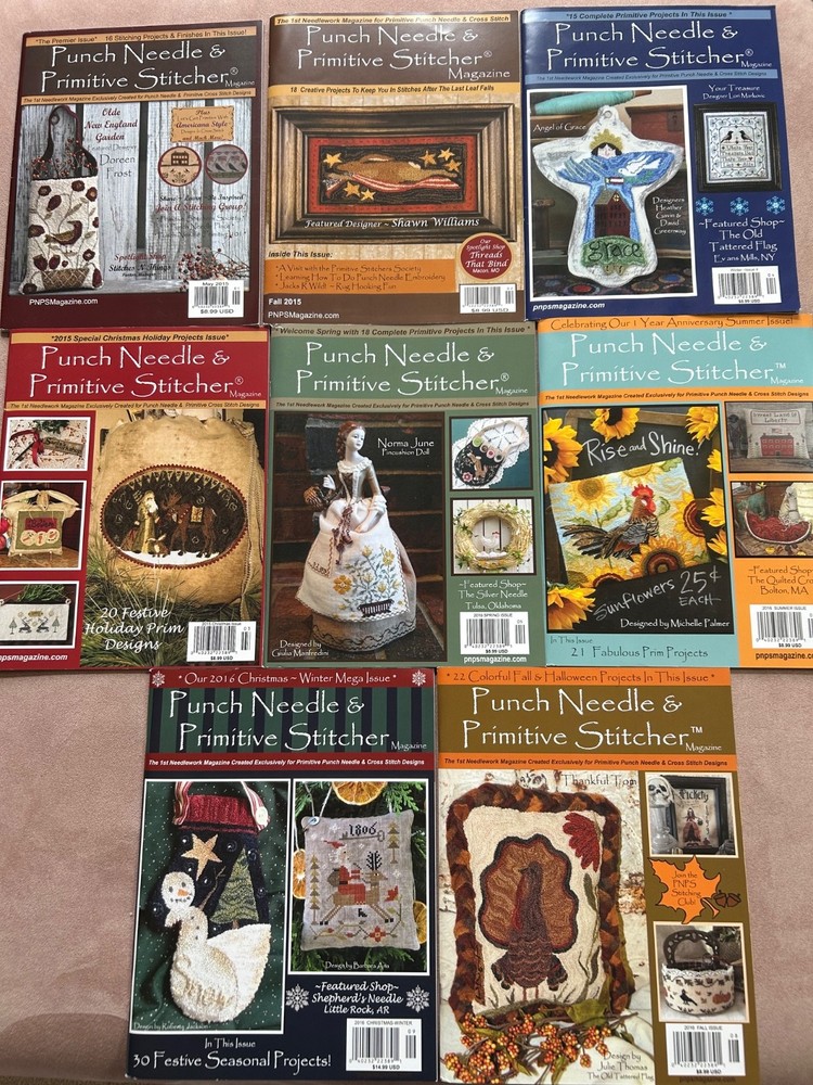 8 PUNCH NEEDLE & PRIMITIVE STITCHER MAGAZINE,  PUNCHNEEDLE CROSS STITCH PATTERNS
