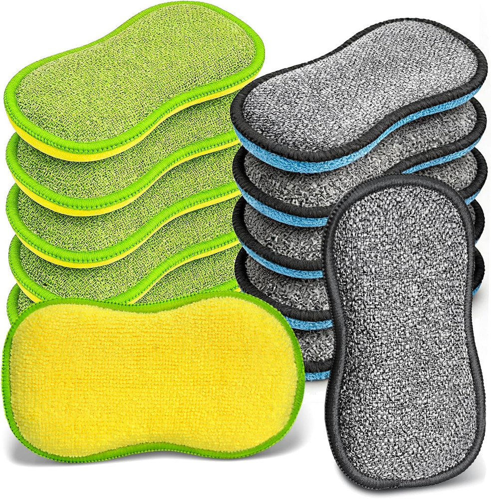 Dish Sponges Kitchen, 12 Pack Multi-Purpose Microfiber Scrub Sponge - Dual-Sided