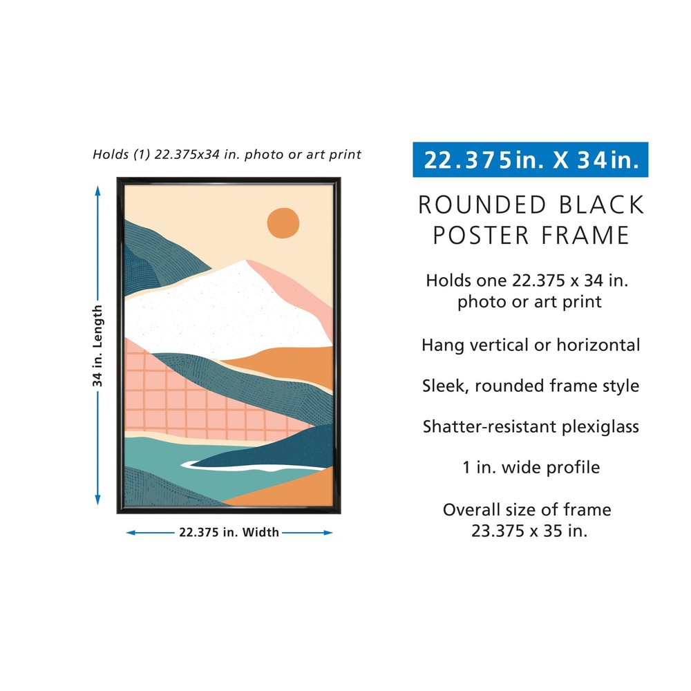 22x34 Black Picture Frame Rounded Edge Decorative Poster Wall Frame