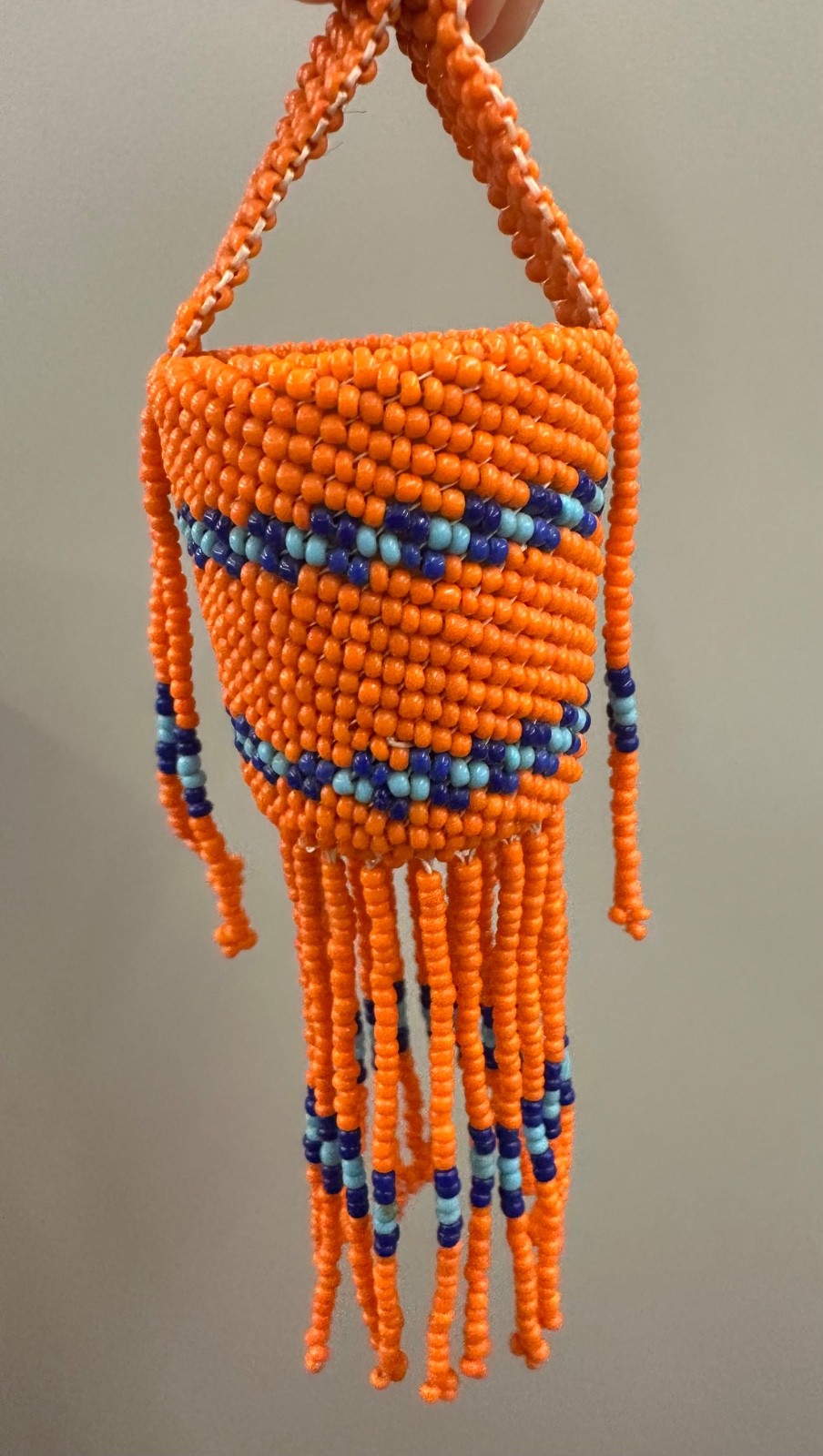 Rare Vintage Miniature BEADED BURDEN BASKET •Native American •Orange/Blue VG