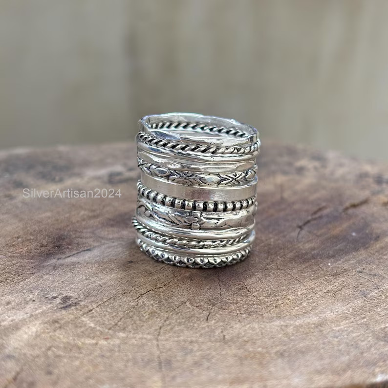 Sterling Silver Stacking Rings Set: Assorted Patterns, Thin & Thick All Size