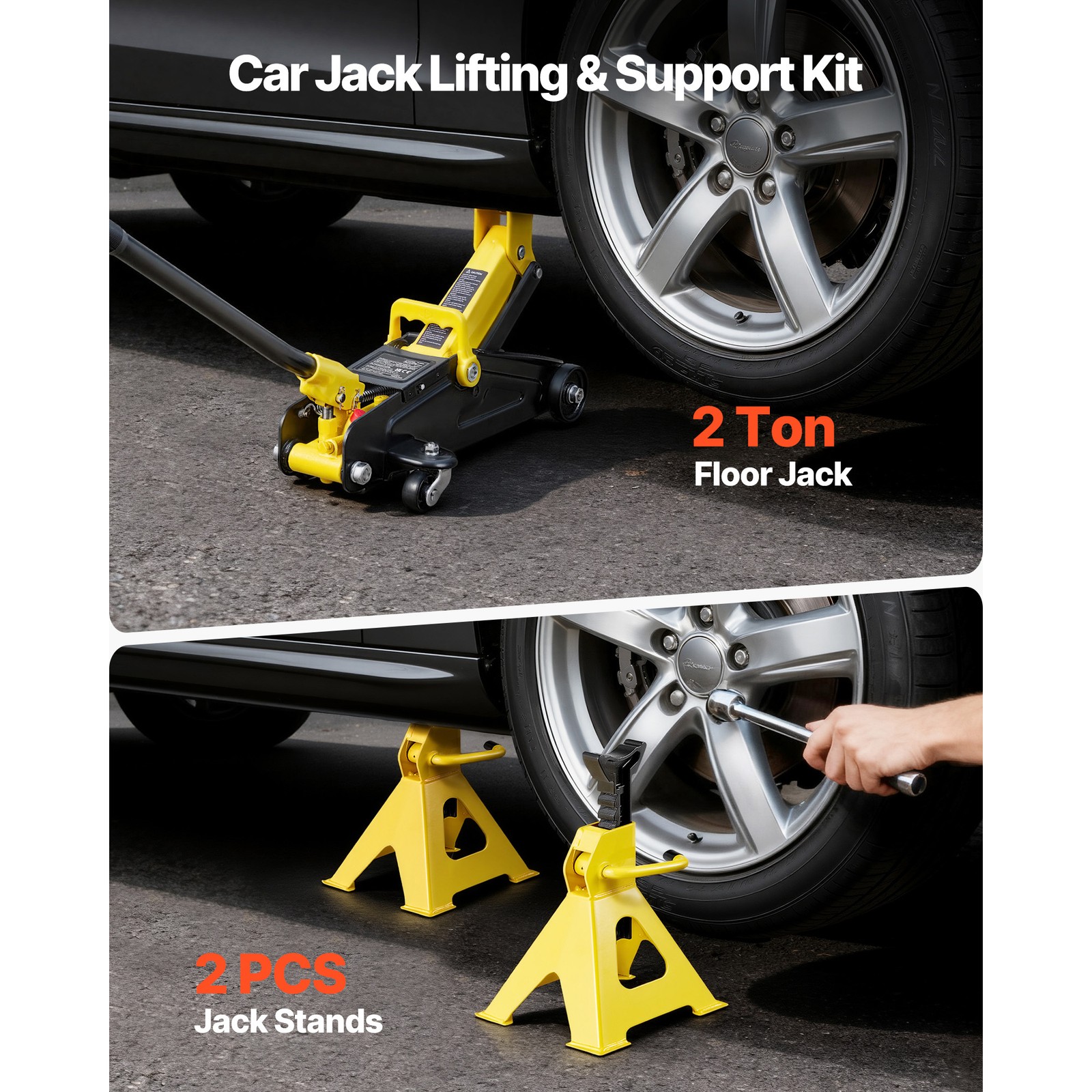 2 Ton Low Profile Floor Jack Single Piston Hydraulic Car Jack with 2 Jack Stands