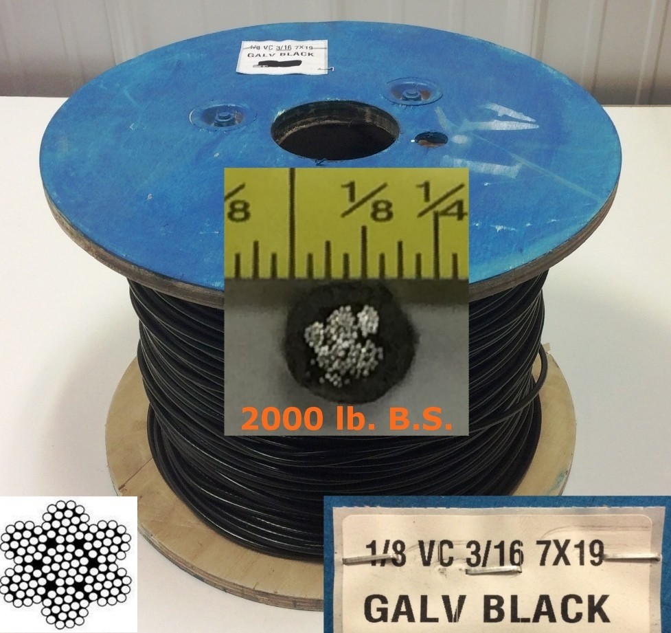 Vinyl Coated Steel Aircraft Cable Wire Rope 100 ft 1/8" VC 3/16" 7x19 Black