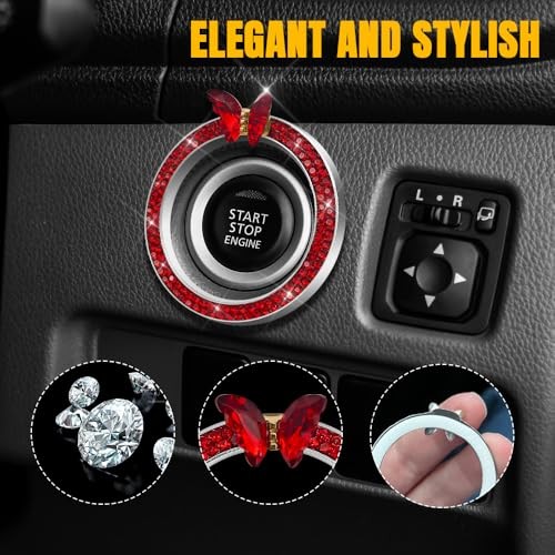 2PCS Bling Car Engine Start Stop Decoration Ring, Push to Start Button Red+Red