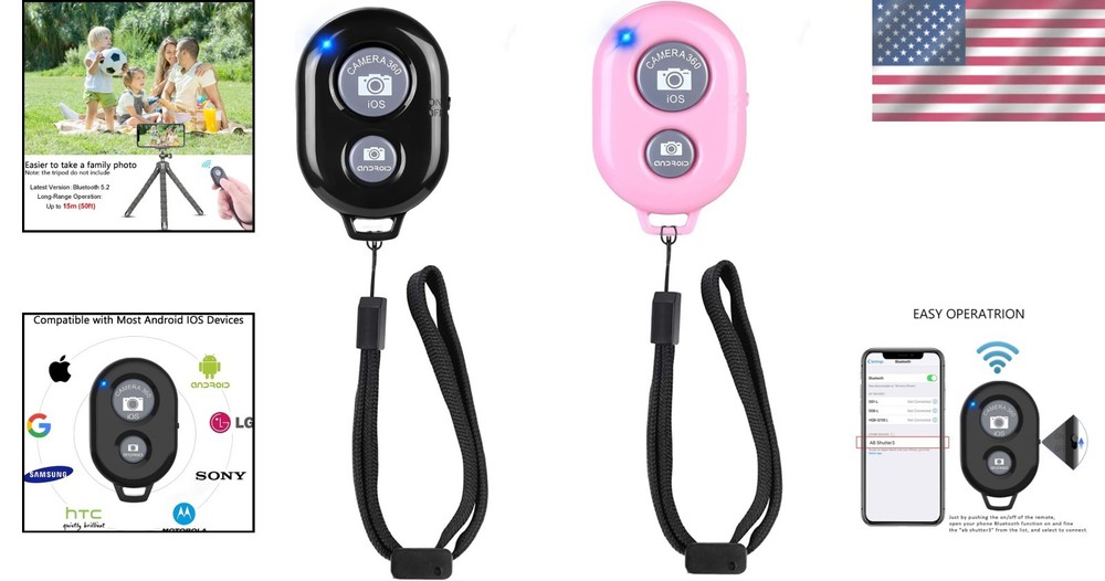 Wireless Camera Remote Shutter for iPhone & Android - Black & Pink, 50ft Range