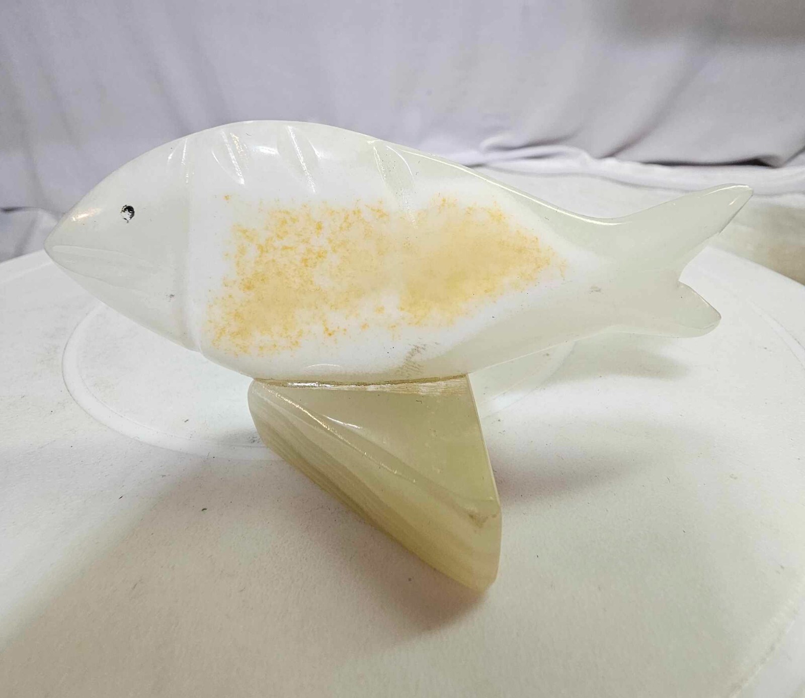 Vtg Carved stone alabaster marble fish w/ base statue figurine- L3