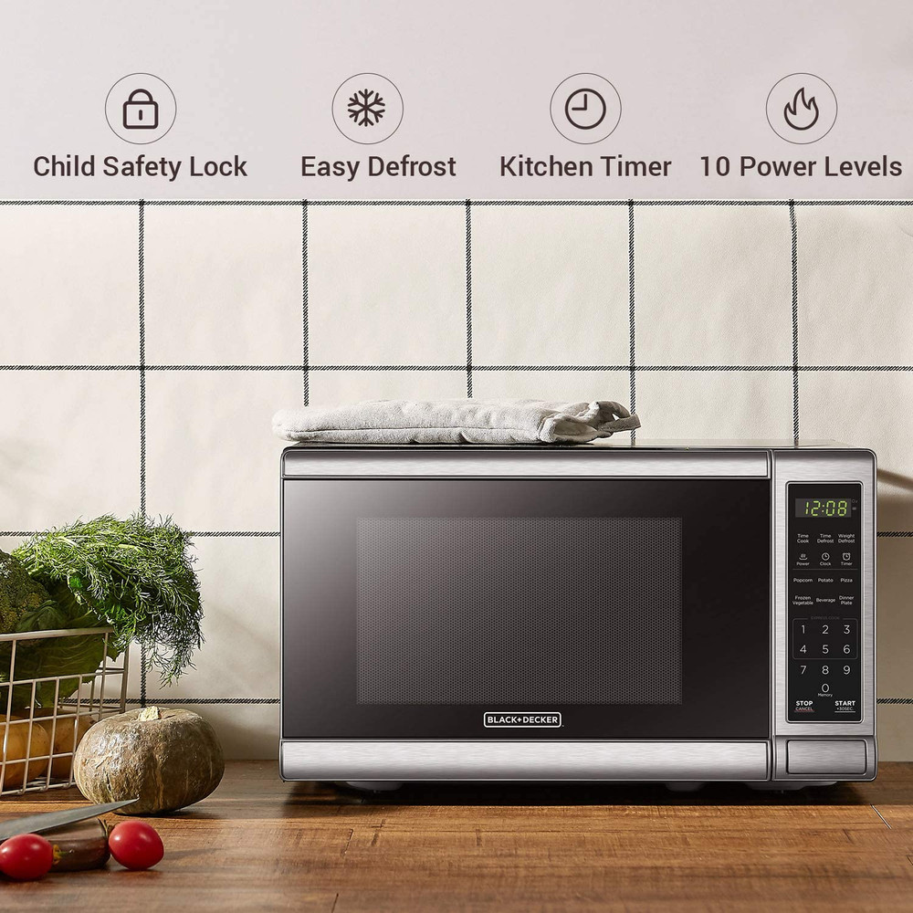 BLACK+DECKER EM720CB7 Digital Microwave Oven with Turntable Push-Button Door, Ch