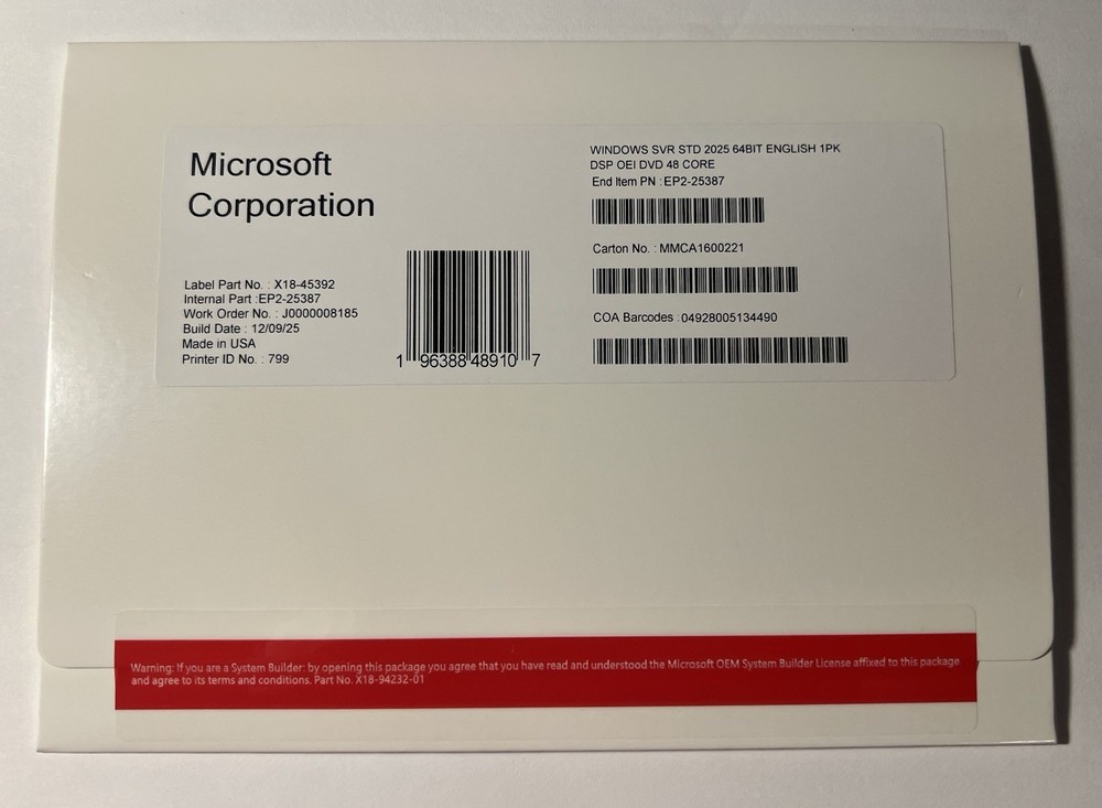 Microsoft Windows server 2025 Standard 64Bit 48 Core DVD+ Key (NEW)