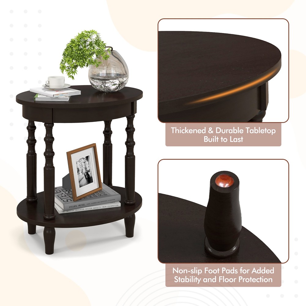 2-Tier End Table Oval Compact Sofa Side Nightstand w/ Storage Shelf Espresso