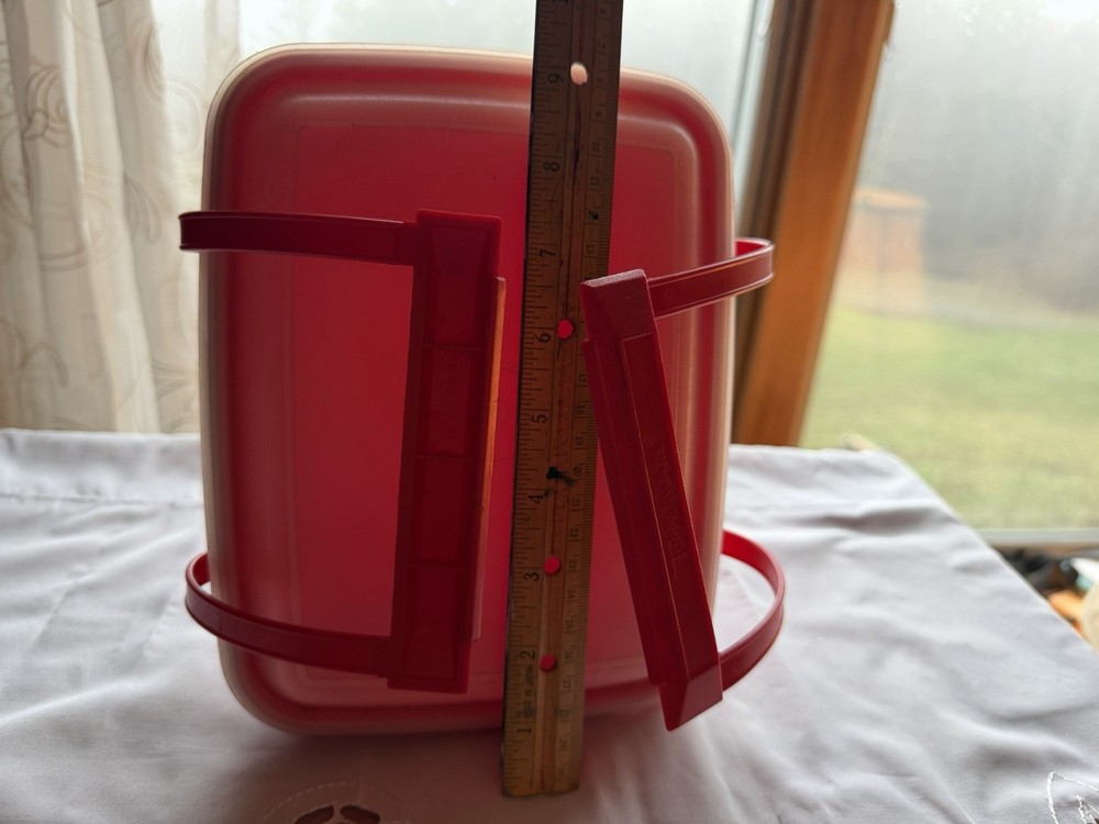 Tupperware Red & White Rectangle Plastic Lunch Box Snap Lid Handle 3-Piece Set