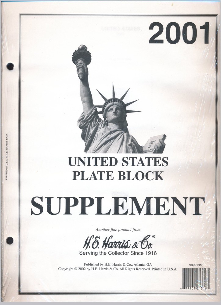 H E Harris US PLATE BLOCK Supplement for Stamp issued in 2001