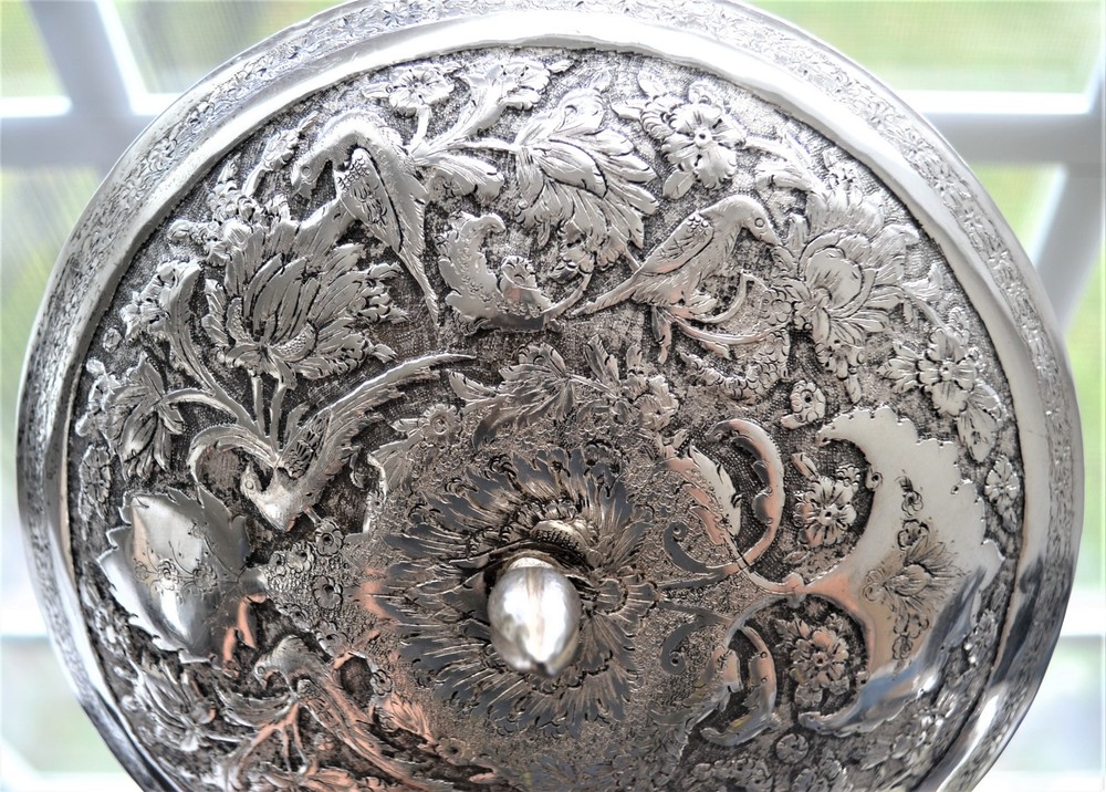 Large Vintage Middle Eastern 875 Silver Covered Dish with Repousse Design