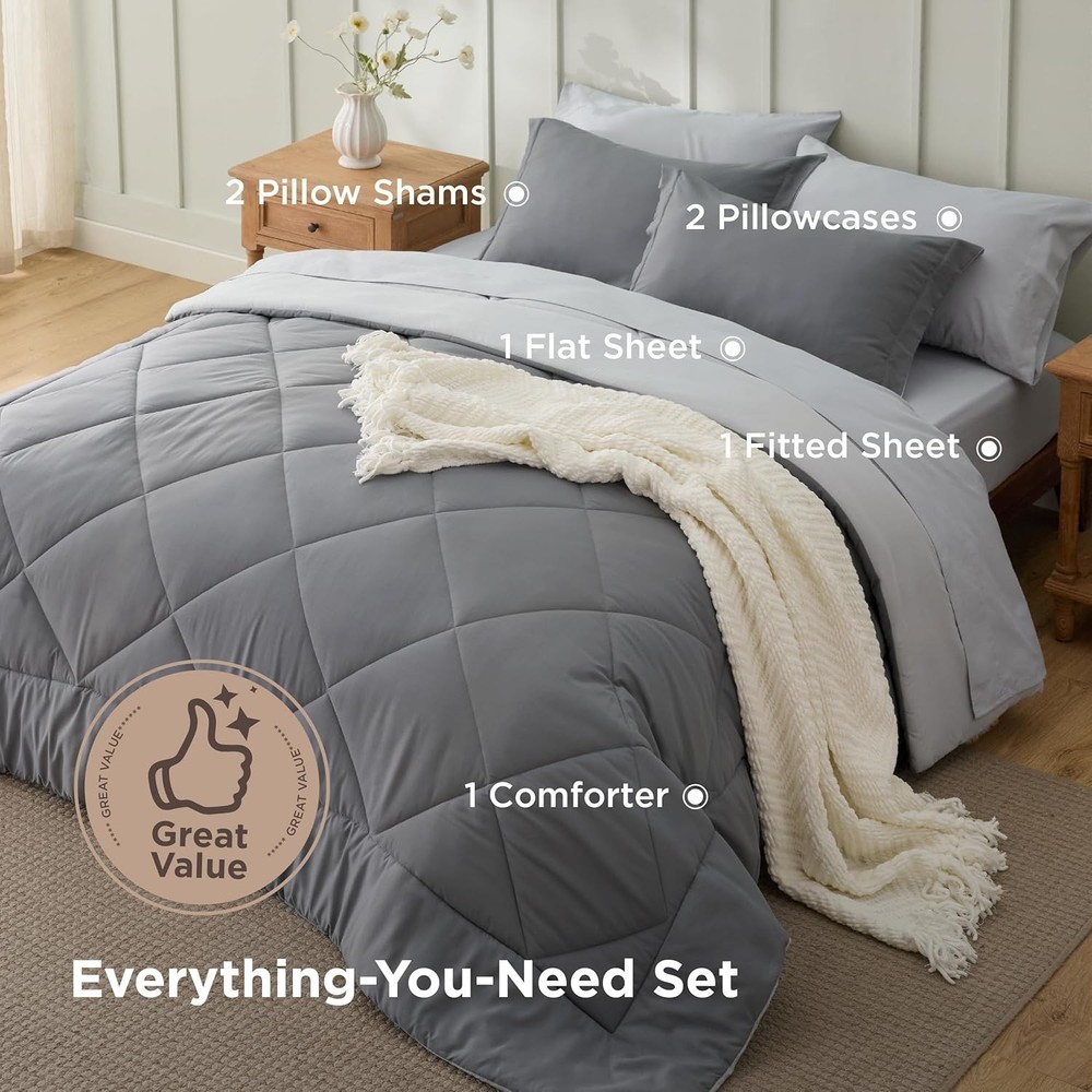 Queen Comforter Set 7 Pieces Reversible Grey Bedding GentleSoft™ Queen Size Bed