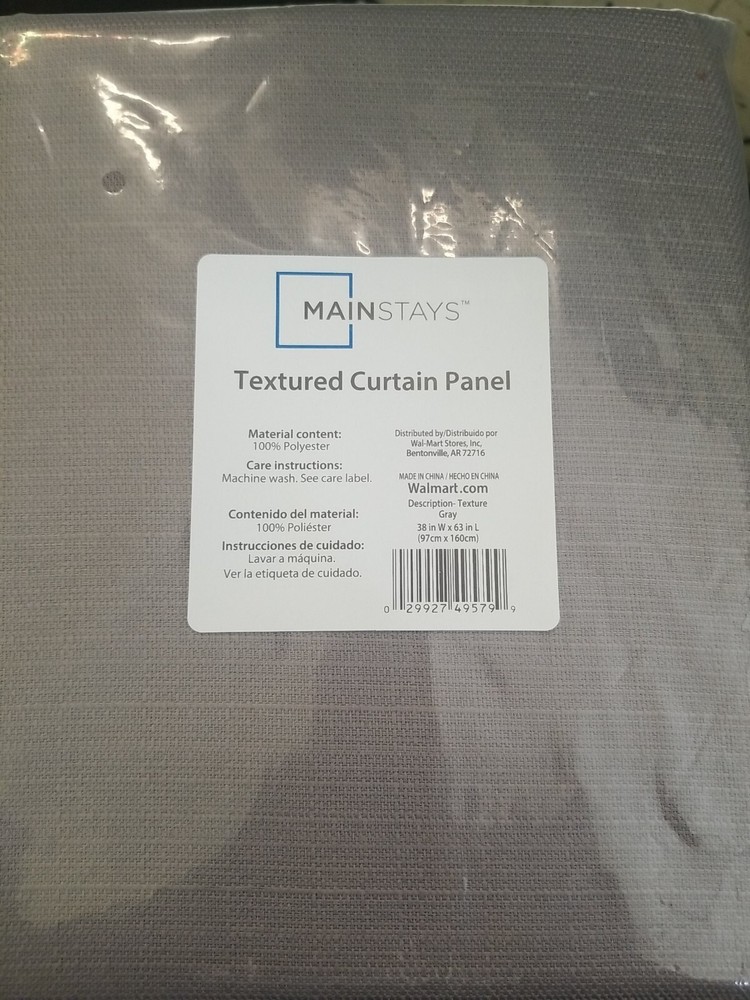 38"x63" Gray Textured Curtain Panel, Solid Rod Pocket, Mainstays