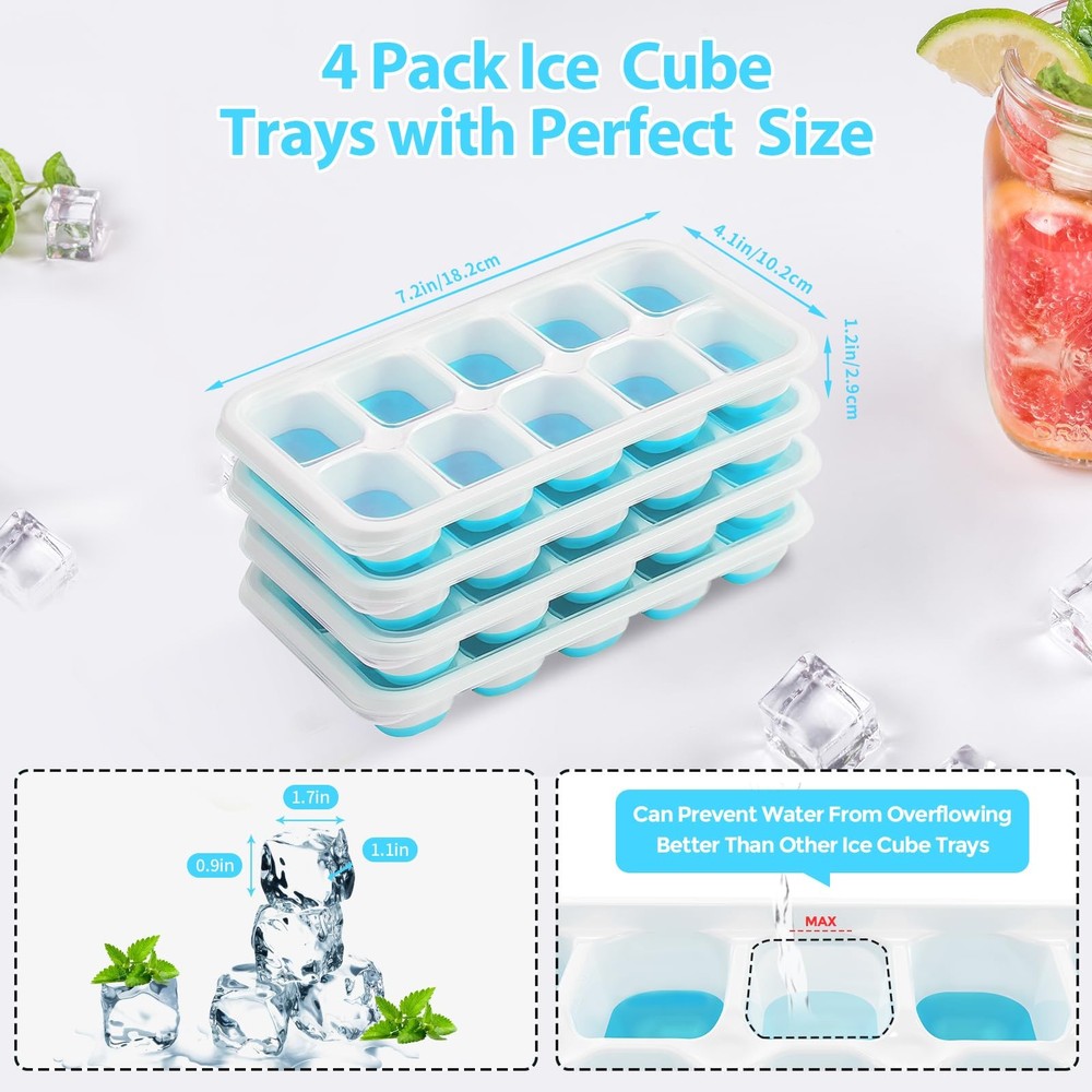 DOQAUS Ice Cube Tray with Lids - 4 Pack Stackable 7.2"*4.1"*1.3", Light Blue